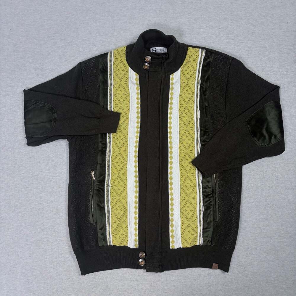 Silversilk 11007 Men's Olive Knit Sweater Jacket with Vertical Pattern
